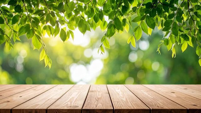 Sunny spring forest leaves frame over wooden table with bokeh background