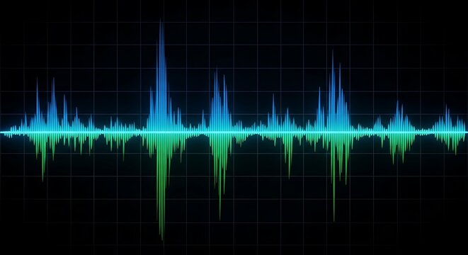 Blue and green sound wave pattern on a black grid background audio waveform