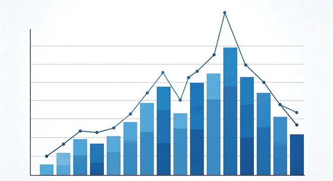 Blue and light blue bar and line graph showing upward and downward trends over time bar graph