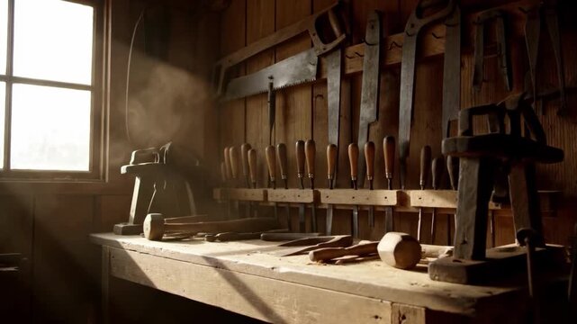 A rustic workshop scene evoking craftsmanship and tradition. Perfect for illustrating concepts of skill, heritage, or the beauty of handmade goods.