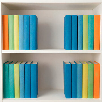 Color coordinated books arranged in immaculate shelving grid reducing literary diversity into obsessive chromatic symmetry and exaggerated balanced display