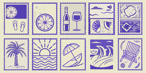 Collection of vintage style postage stamps featuring summer themes © Suvro
