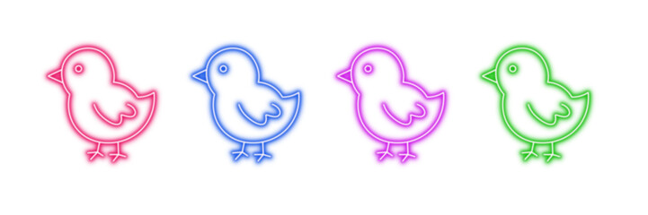 Neon glowing chick vector icons set, baby birds, poultry, easter symbols, spring animal, vibrant colorful digital design illustration on transparent background. © MdSumon