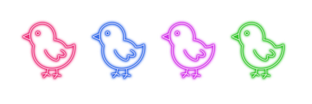 Neon glowing chick vector icons set, baby birds, poultry, easter symbols, spring animal, vibrant colorful digital design illustration on transparent background.