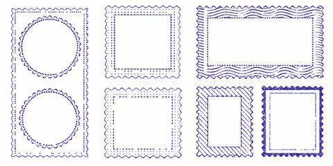 Collection of vintage style postage stamp frame designs in blue © Suvro