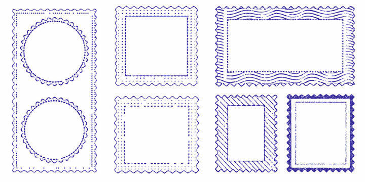 Collection of vintage style postage stamp frame designs in blue