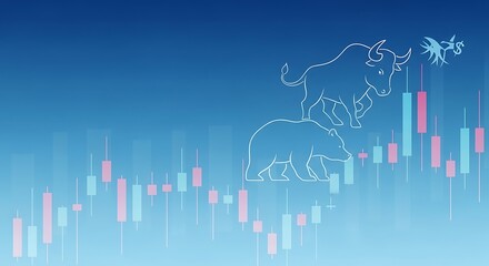 Obraz premium Bull and bear silhouettes on a blue gradient background with candlestick chart financial market