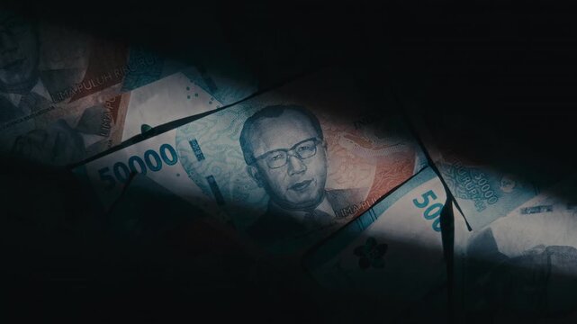 Top down rotating view of Indonesian 50,000 Rupiah banknotes under dramatic spotlight on dark background