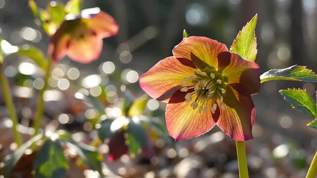Translucent flowering plant illuminated by bright sunlight with soft background circles