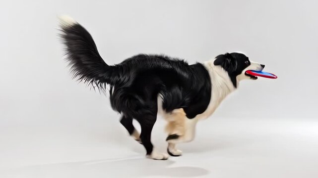 Border Collie dog holding a blue and red frisbee in its mouth against a white background