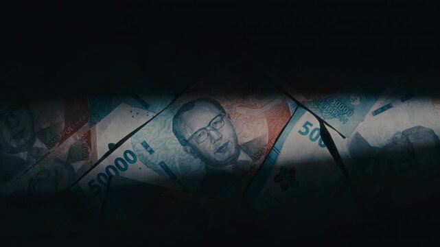 Top down rotating view of Indonesian 50,000 Rupiah banknotes under dramatic spotlight on dark background