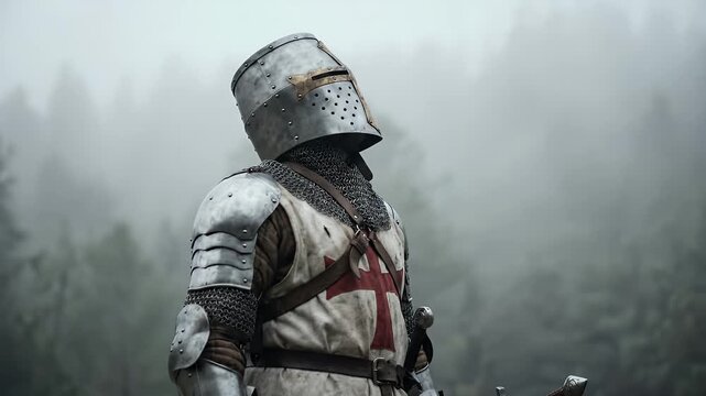 Medieval Templar Knight Armored Warrior Stands Against Misty Forest Background Historical Epic