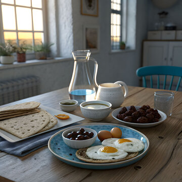 suhoor meal setup without people, featuring balanced breakfast items, plates, cutlery, drinks, soft morning light, and clean inviting arrangement.