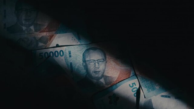 Top down rotating view of Indonesian 50,000 Rupiah banknotes under dramatic spotlight on dark background