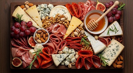 A charcuterie board with cured meats, artisan cheeses, nuts, and honey, close-up, studio light, dark wood background.