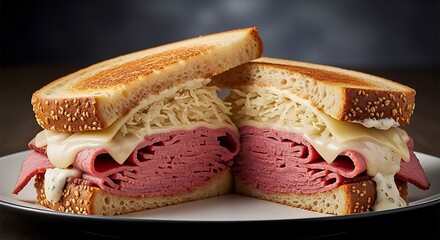 A classic Reuben sandwich on rye bread, with corned beef and sauerkraut, studio light, dark background.