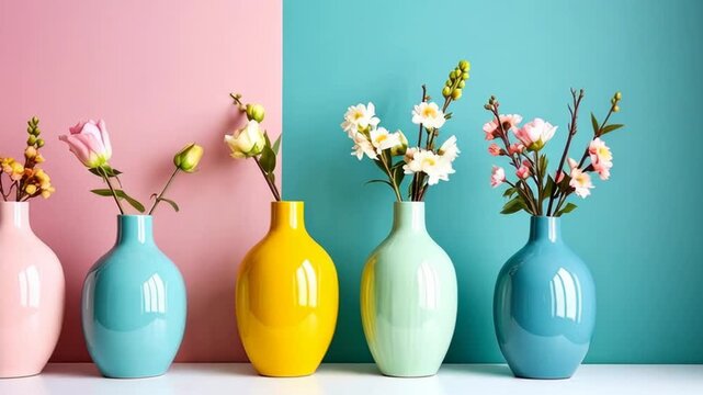 Assortment of colorful ceramic vases with floral arrangements on pastel background