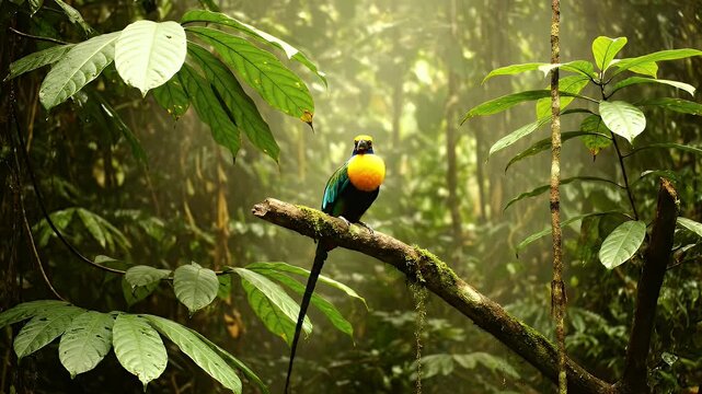 Vibrant Bird of Paradise Perched on Mossy Branch in Lush Green Tropical Rainforest Sunlight Rays