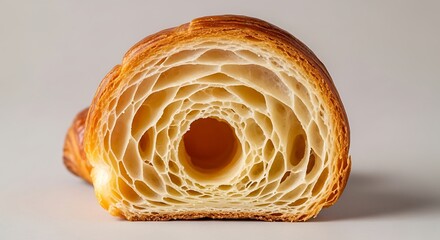 A croissant cut in half, revealing the perfect honeycomb interior, studio lighting, macro shot.