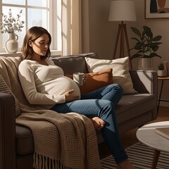 Obraz premium A pregnant woman sits on a couch holding a mug and her belly, bathed in natural light from a window