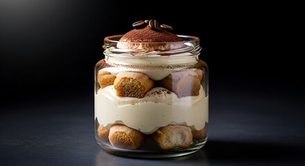 A deconstructed tiramisu in a glass jar, layers of coffee-soaked ladyfingers and mascarpone cream, studio light, dark backdrop.