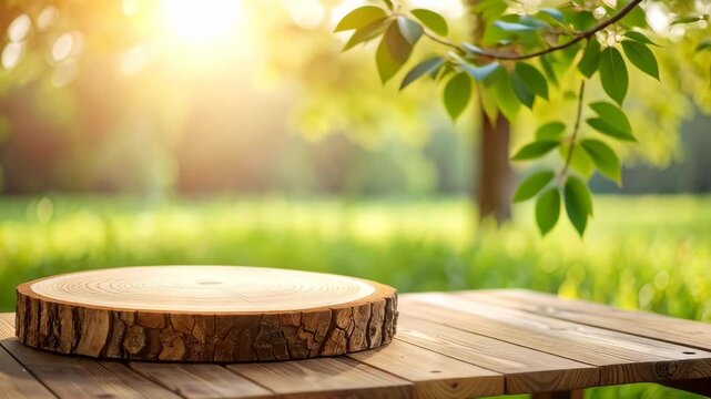 Wooden slice display on table with soft bokeh background and sun flare