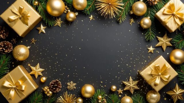 Festive golden Christmas gifts, ornaments, pine cones and sparkling lights arranged on a dark background