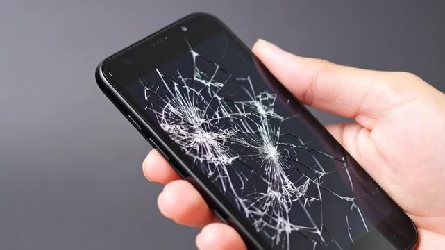 Hand holding a smartphone with a severely cracked and shattered screen displaying a dark blue background