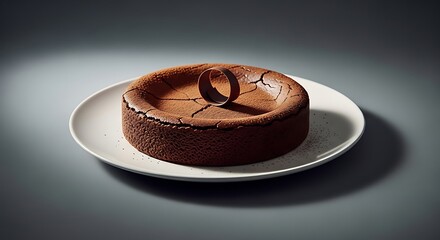 A dense, flourless chocolate torte with a dusting of cocoa powder and a chocolate curl, studio light.