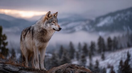 Fototapeta premium Majestic wolf standing on a rocky outcrop