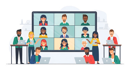 Obraz premium Flat vector illustration of diverse people joining a video conference on a big screen.