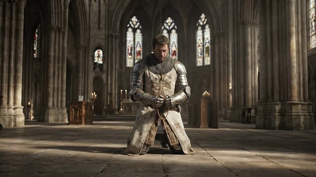 A brave knight armored templar prays solemnly inside ancient cathedral church