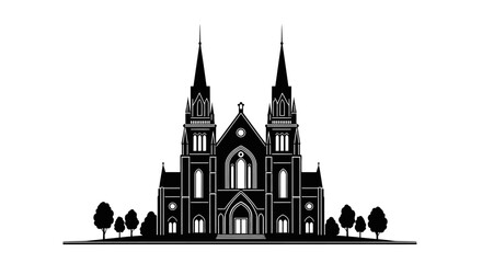 Fototapeta premium A grand gothic style church with two prominent spires and an arched entrance, framed by small trees, rendered in a black and white silhouette
