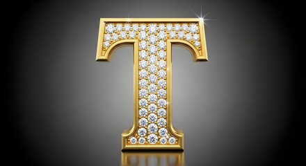 Golden letter T with intricate designs and reflective surface on dark gradient background