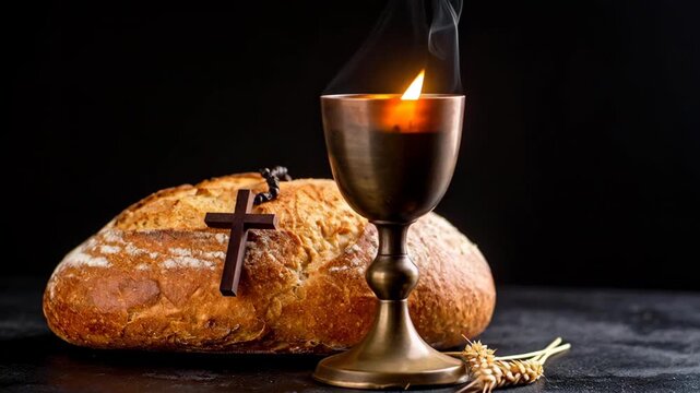 Religious communion elements including bread chalice and cross on dark background