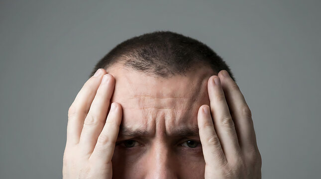 Person pressing both temples with visible tension in their hands and forehead. Suitable for health campaign and purpose.