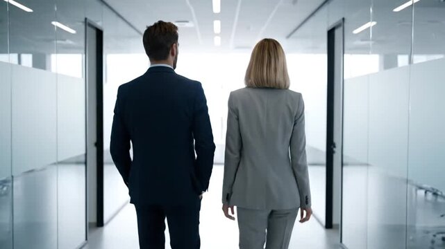 Walking Through a Modern Office Corridor in Professional Attire