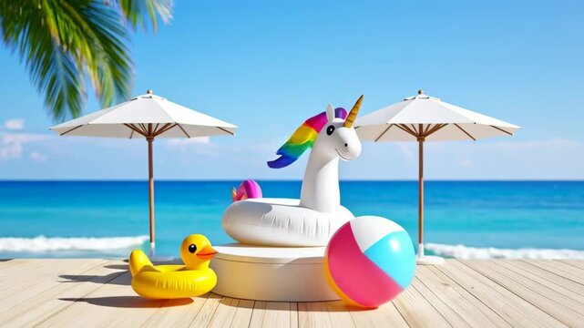 Summer beach vacation with inflatable unicorn and duck toys under umbrellas