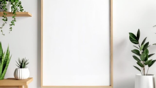 Clean white wall with a blank wooden frame surrounded by potted green plants