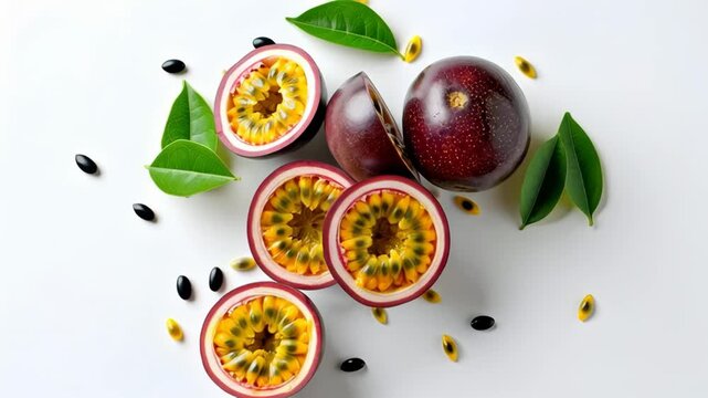 Fresh passion fruit halved and whole with leaves and seeds scattered on white surface