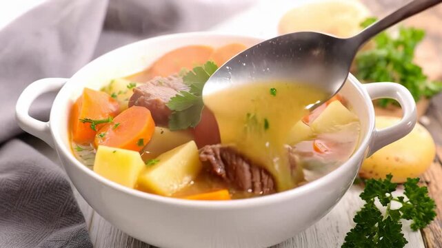 Hearty beef stew with carrots and potatoes served in a white bowl
