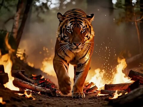 Tiger emerging from forest fire towards camera in wild landscape