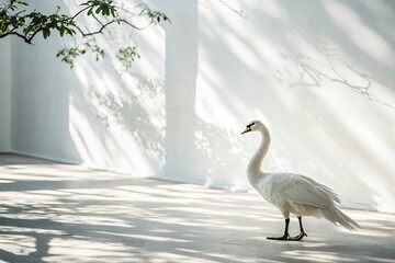 Obraz premium A swan stands in a hallway with white walls
