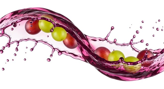 Elegant horizontal wave of purple grape juice with flying grapes and splashing drops, isolated on white background.