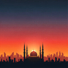 Obraz premium Silhouettes of a cityscape with a mosque at golden hour sunset.
