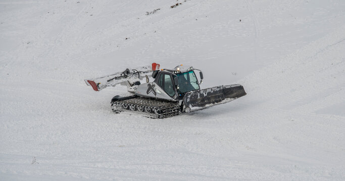 Donovaly, Slovakia -  January, 5,  2026 - Prinoth Leitwolf snow groomer on ski slope in Donovaly Slovakia