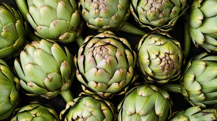 Obraz premium Close view of artichokes on a dark surface showing texture and detail of leaves and formation