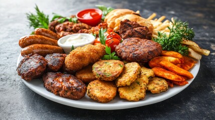 Fototapeta premium Plant-based meat platter with assorted vegan food including nuggets, burgers, sausages, and more on white plate