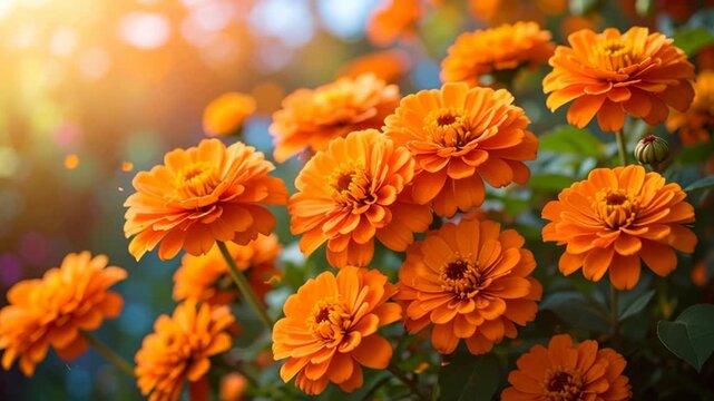 Close-up of vibrant orange zinnia flowers illuminated by warm golden sunlight in a garden.