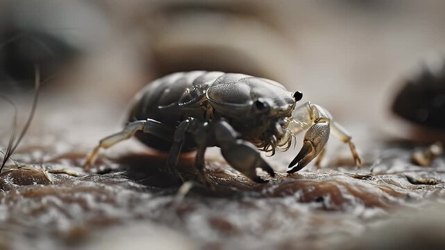 Close up of a pill bug on the ground.